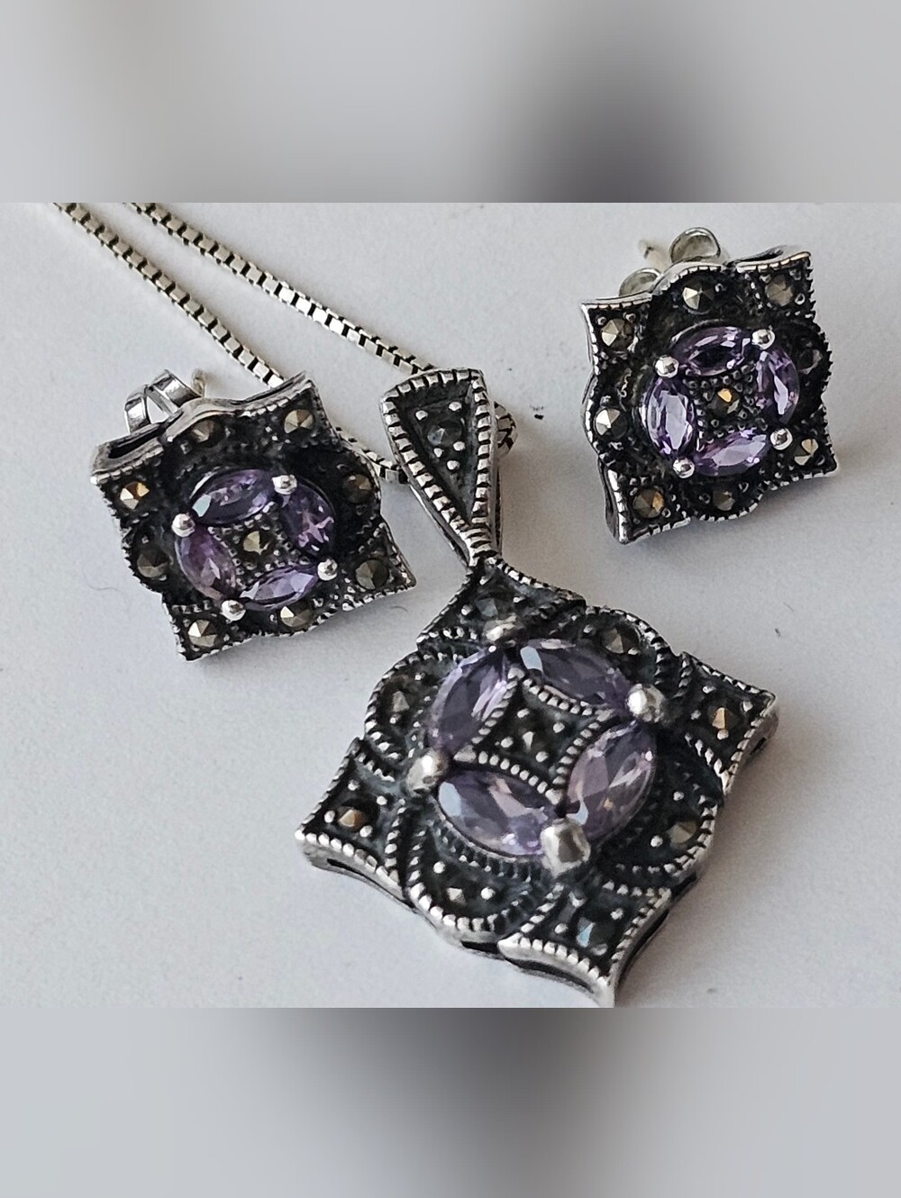Sterling Silver Amethyst Marcasite Pendant/ Chain and Stud Earrings Set. Vtg.